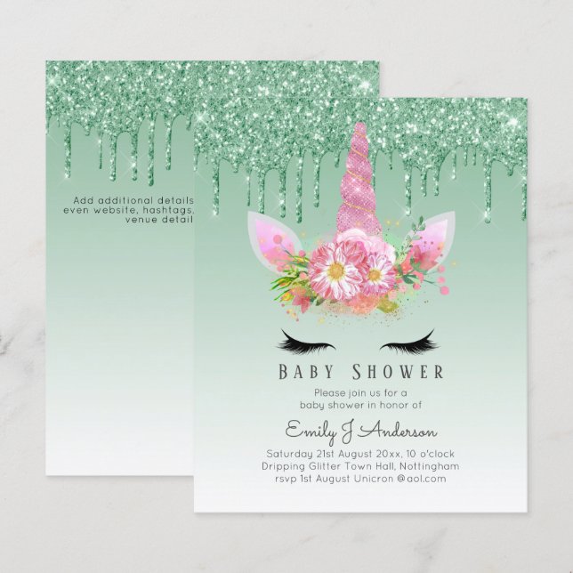 Papier PARTIES SCINTILLANT BUDGET Invitation Unicorn Baby (Devant / Derrière)