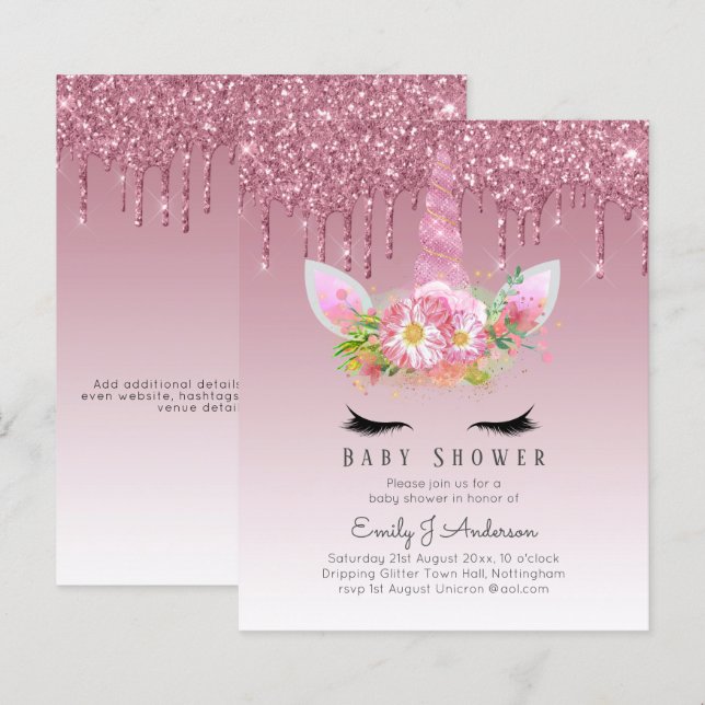 Papier PARTIES SCINTILLANT BUDGET Invitation Unicorn Baby (Devant / Derrière)