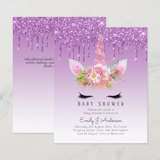 Papier PARTIES SCINTILLANT BUDGET Invitation Unicorn Baby (Devant / Derrière)