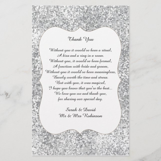 Papier Parties scintillant en argent Mariage Poème Merci  (Devant)