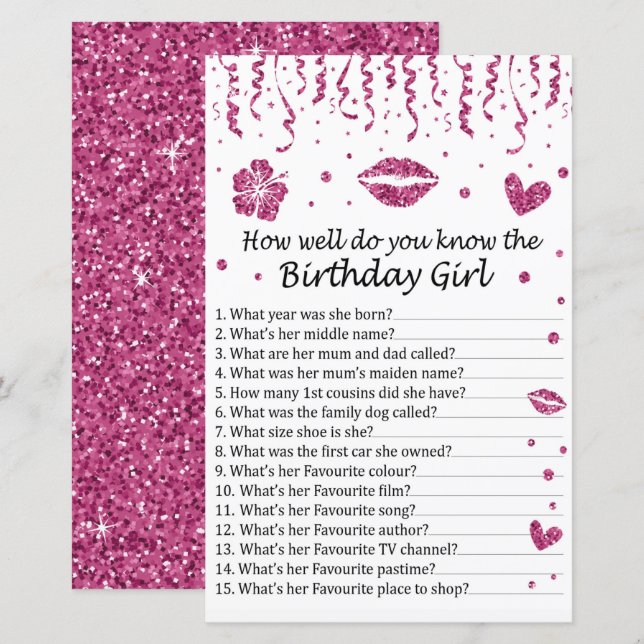 Papier Parties scintillant rose Comme vous connaissez bie (Devant / Derrière)