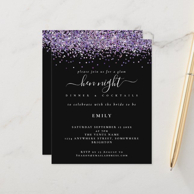 Papier Parties scintillant violet Glam Budget Hen Night B (Devant/Arrière en situation)