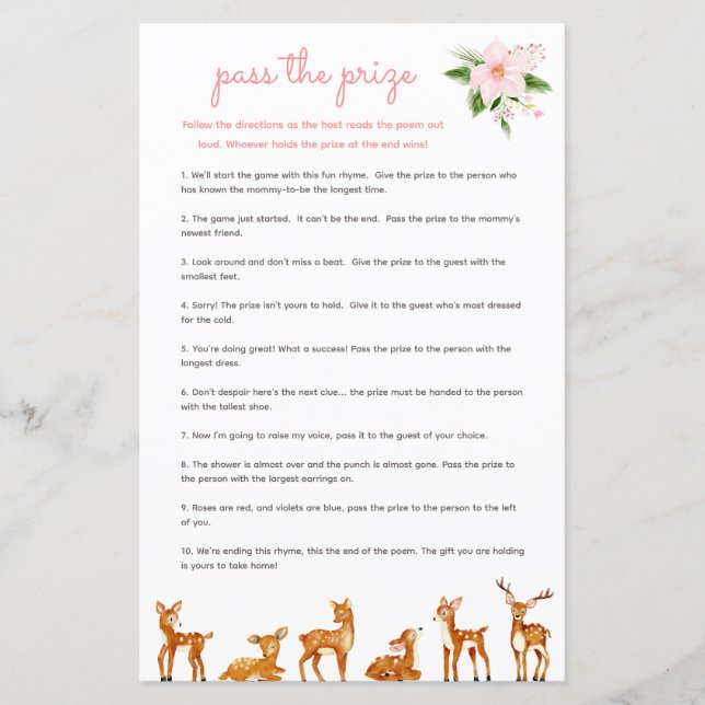 Papier Passer le prix Baby shower jeu rose cerf floral (Devant)