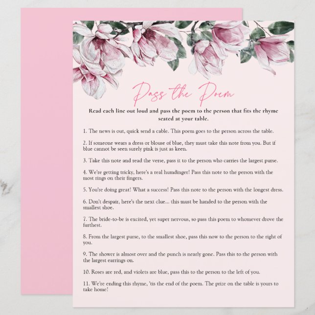 Papier Passez le poème | Jeu de Fête des mariées florale  (Devant / Derrière)