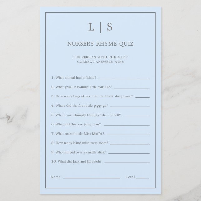 Papier Pastel Blue Nursery Rhyme Quiz Baby shower Jeu (Devant)