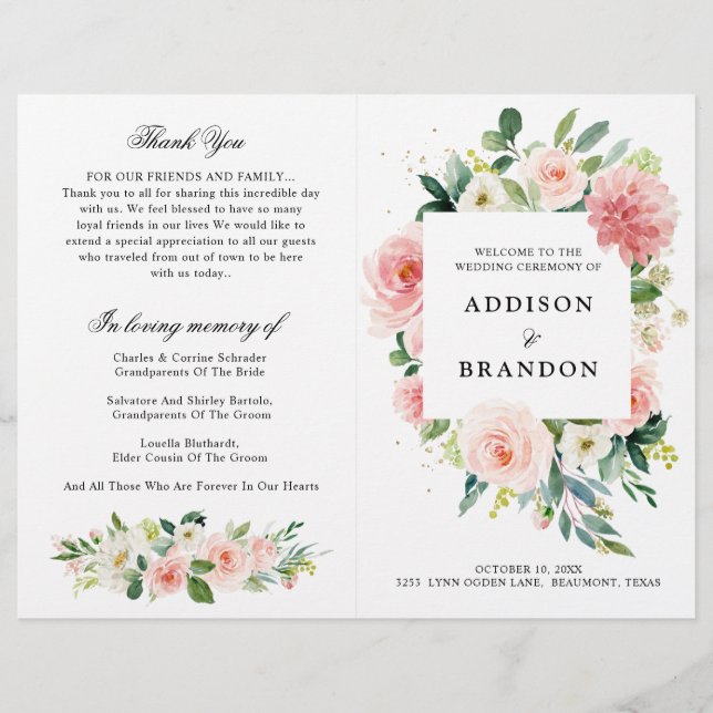 Papier Pastel Blush Pretty Rose Botanical Wedding Program (Devant)