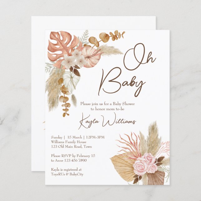 Papier Pastel crème fleurs séchées boho invitation budget (Devant / Derrière)