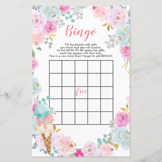 Papier Pastel Fleurs crème glacée baby shower Bingo Jeu (Devant)