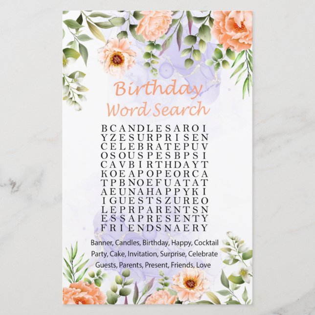 Papier Pastel Flowers Anniversaire Mot de recherche Jeu (Devant)