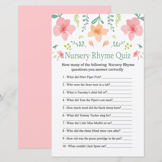 Papier Pastel flowers Nursery Rhyme Quiz jeu de baby show (Devant / Derrière)
