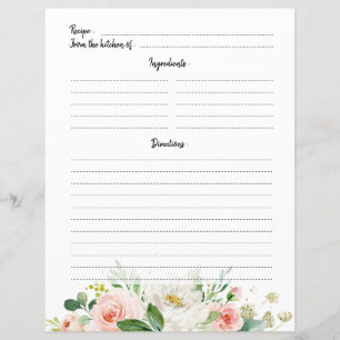 Papier Pastel Pink Blush Rose Floral Recette Card