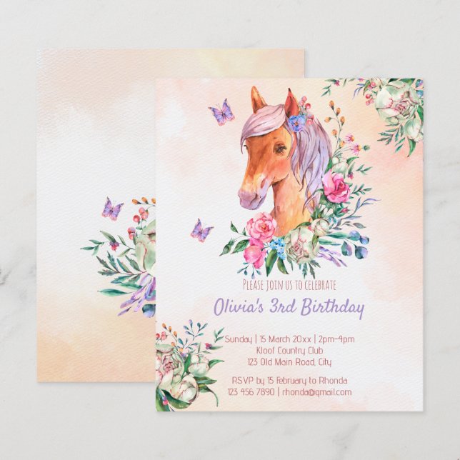 Papier Pastel rose bébé cheval budget anniversaire (Devant / Derrière)