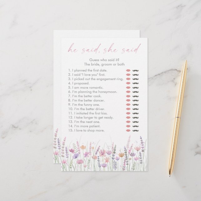 Papier Pastel Wildflowers He Said She Said Bridal Game (Devant/Arrière en situation)
