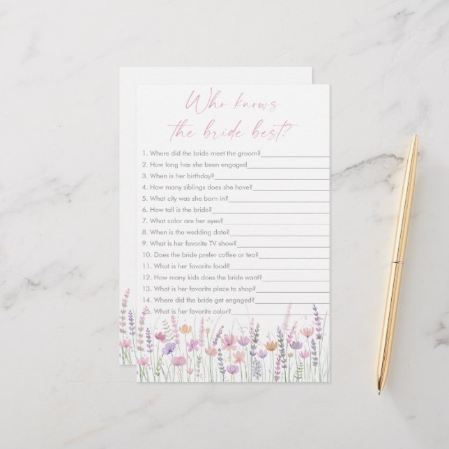 Papier Pastel Wildflowers Who Knows the Bride Best Game (Devant/Arrière en situation)