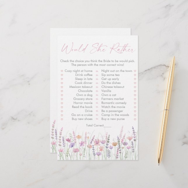 Papier Pastel Wildflowers Would She Rather Bridal Game (Devant/Arrière en situation)