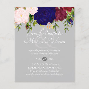 Papier Pays Bleu Bourgogne Rose Floral Mariage Invite