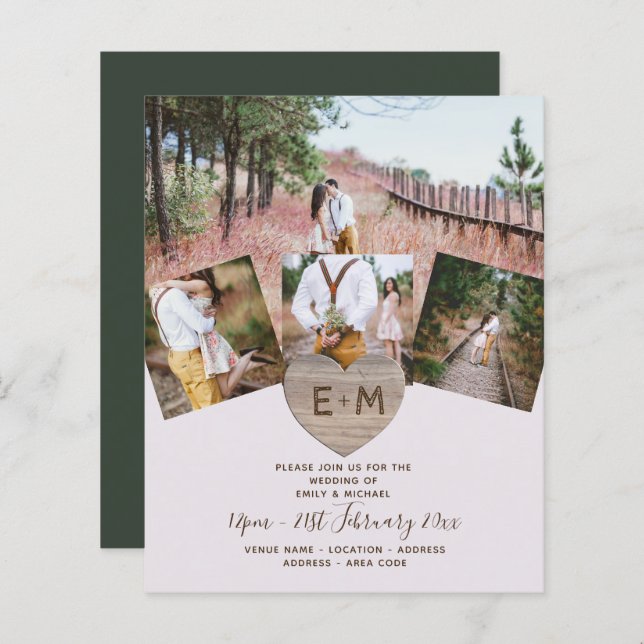 Papier Pays Rustique Photo Carved Heart Monogramme Mariag (Devant / Derrière)