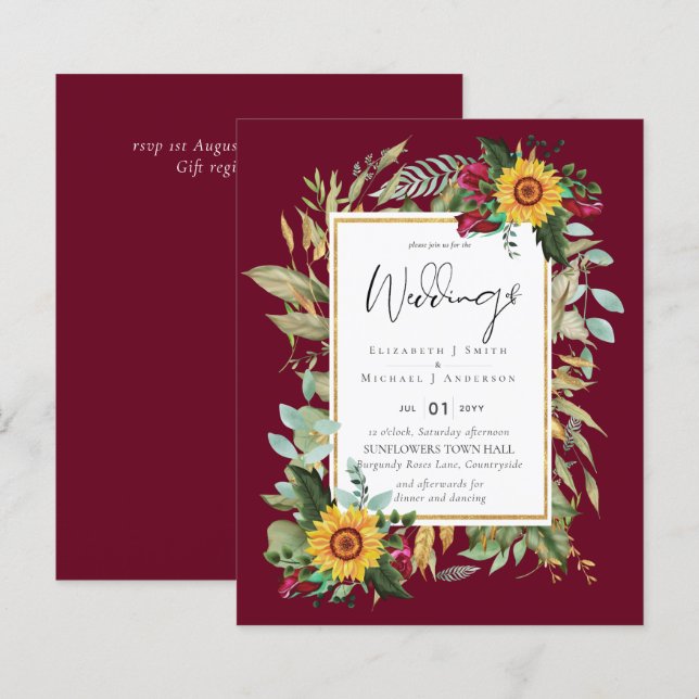 Papier Pays Tournesols Rustiques Bourgogne Mariage Rose (Devant / Derrière)