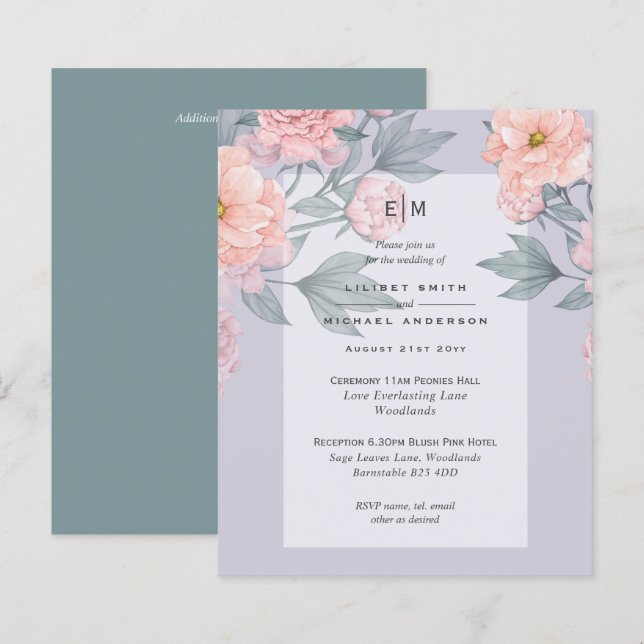 Papier Peach PEONIES Blue Wedding Inviter BUDGET (Devant / Derrière)