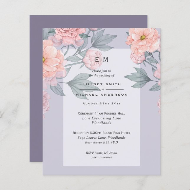 Papier Peach PEONIES Blue Wedding Inviter BUDGET (Devant / Derrière)