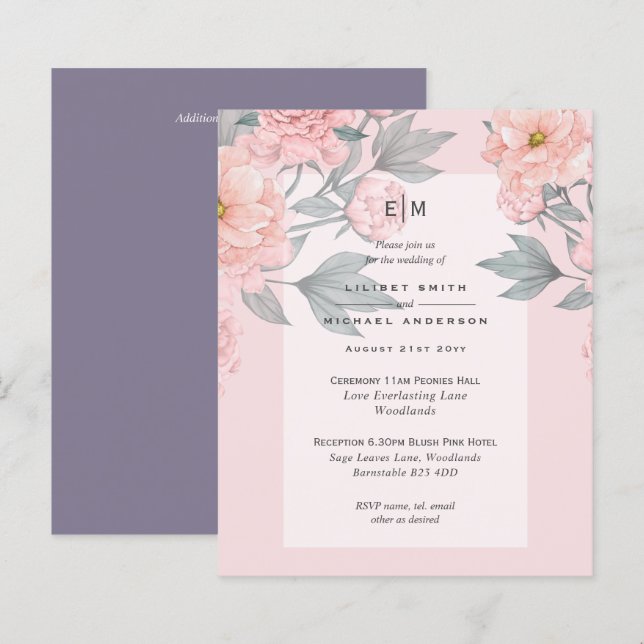 Papier Peach PEONIES Lilac Mariage Inviter BUDGET (Devant / Derrière)