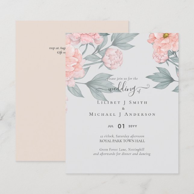 Papier Peach Peonies Sage Floral Budget Mariage (Devant / Derrière)