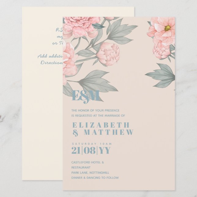 Papier Peach Peonies Sage Floral Budget Mariage (Devant / Derrière)