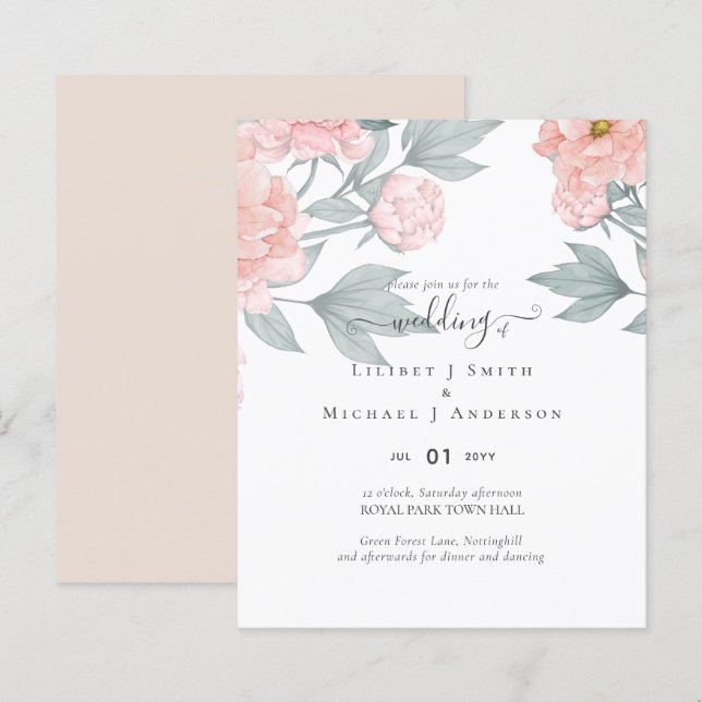 Papier Peach Peonies Sage Floral Budget Mariage (Devant / Derrière)