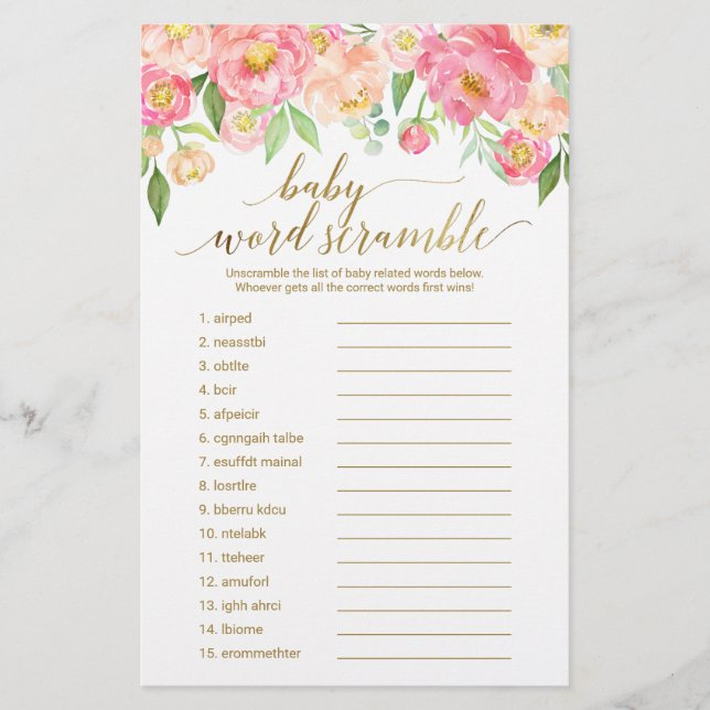 Papier Peach & Pink Peony Flower Word Scramble Jeu (Devant)