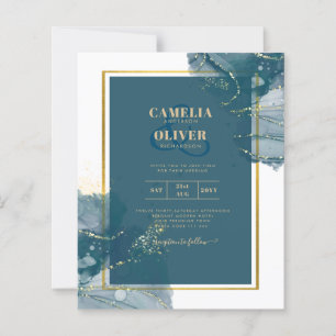 Papier Peacock Blue Gold Alcohol ENK Chic Wedding Invitat