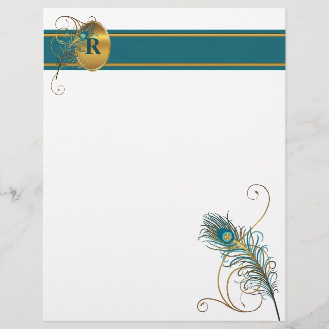 Papier Peacock Monogramme en Turquoise et or (Devant)