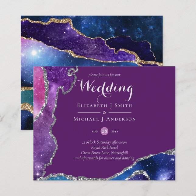Papier Peacock Violet Blue Agate Mariage Inviter BUDGET (Devant / Derrière)
