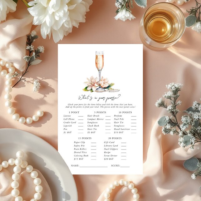 Papier Pearls and Prosecco Qu’est-ce que votre sac à main (Pearls and Prosecco What’s in Your Purse? Bridal Shower Game)