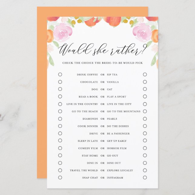 Papier Pêche Floral Voudrait Mariée Plutôt Douche jeu (Devant / Derrière)