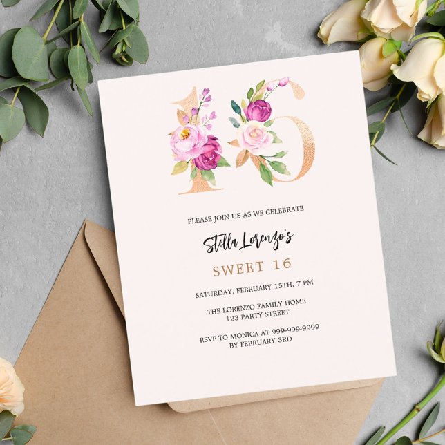Papier Pêche rose or floral Sweet 16 invitation budgétair (Créateur téléchargé)