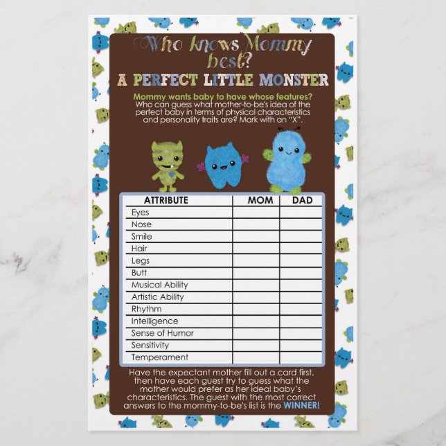 Papier PeekaBoo Monsters Baby shower Jeu parfait bébé (Devant)