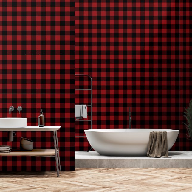 Papier peint à carreaux noir et rouge (Salle de bain)