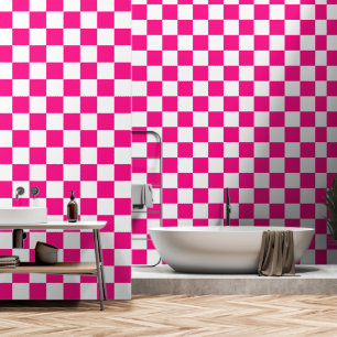 Papier Peint à damiers carré chaud rose blanc rétro géométrique