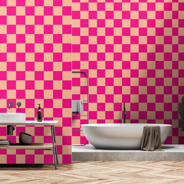 Papier Peint à damiers carré pêche rose chaud rétro géométrique (Salle de bain)
