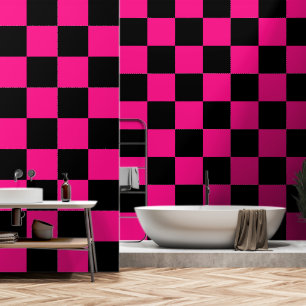 Papier Peint à damiers carré rose chaud noir rétro géométrique