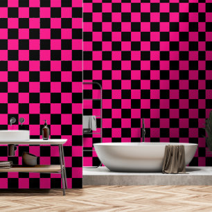 Papier Peint à damiers carré rose chaud noir rétro géométrique
