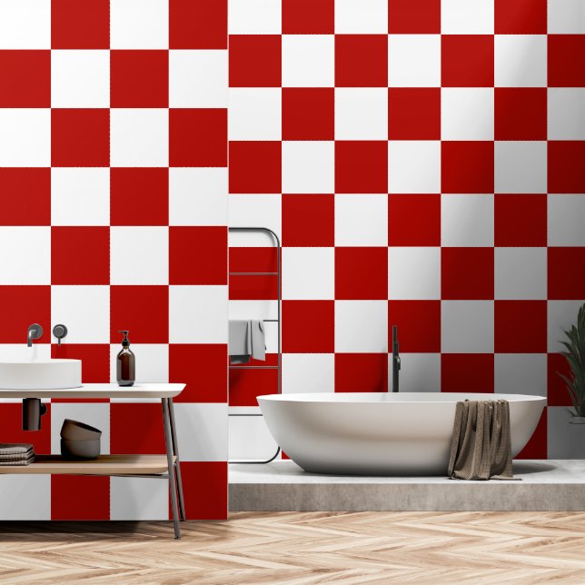 Papier Peint à damiers carré rouge blanc rétro (Salle de bain)
