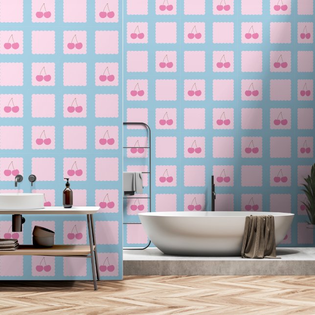 Papier Peint à damiers Cherry Motif Retro (Salle de bain)