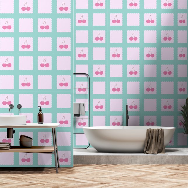 Papier Peint à damiers Cherry Motif Retro (Salle de bain)