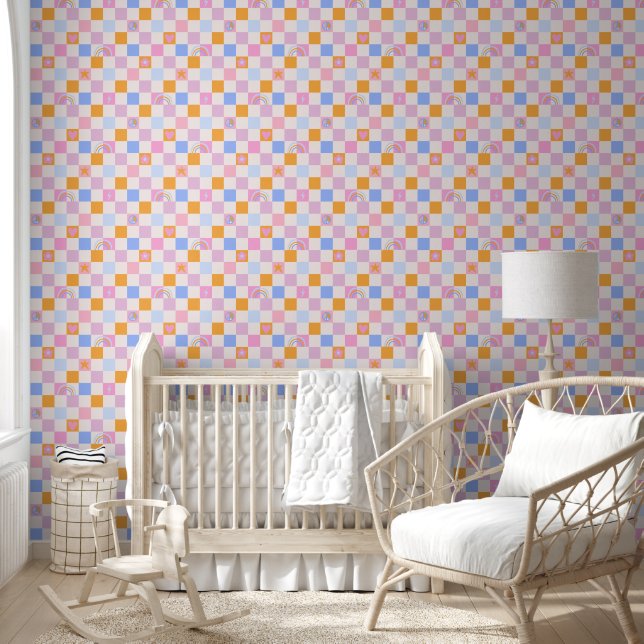 Papier Peint à damiers Motif Rainbow Peace Girl Wallpaper (Enfants)