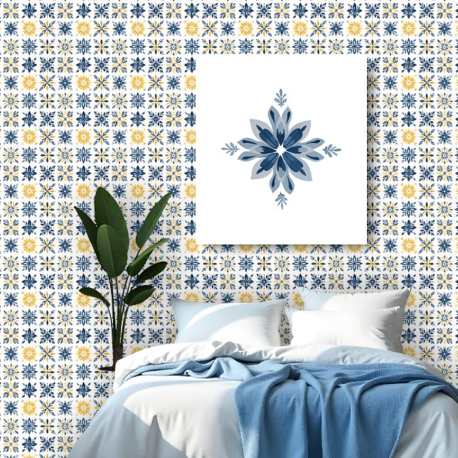 Papier Peint A Mediterranean Tile Design with Floral Geometric  (A Mediterranean Tile-Style Pattern Featuring Nine Floral and Geometric Designs in Navy Blue & Yellow)