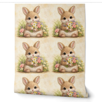 Papier peint à motif floral de lapin mignon