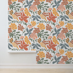 Papier Peint Abstrait Floral & Oiseaux Mi-siècle Motif moderne