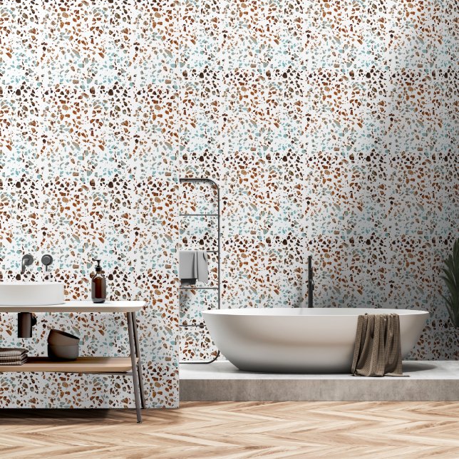 Papier Peint Abstrait Terrazzo Mosaic rouille Brown & Motif ble (Salle de bain)