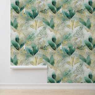 Papier Peint Abstraits Feuilles floraux d'or vert blanc